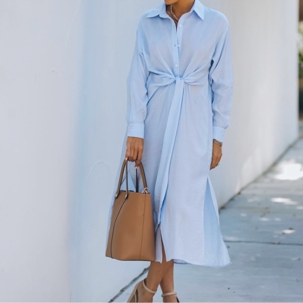 AEOM Vici Blue Sun Valley Tie Front Maxi Shirt Dress NWT Small